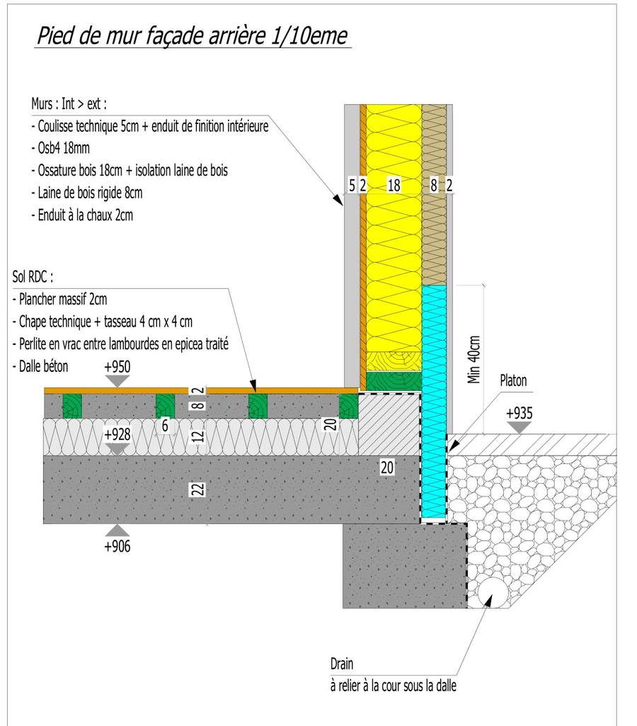 Détail de pied de mur dessiné par le bureau d'étude