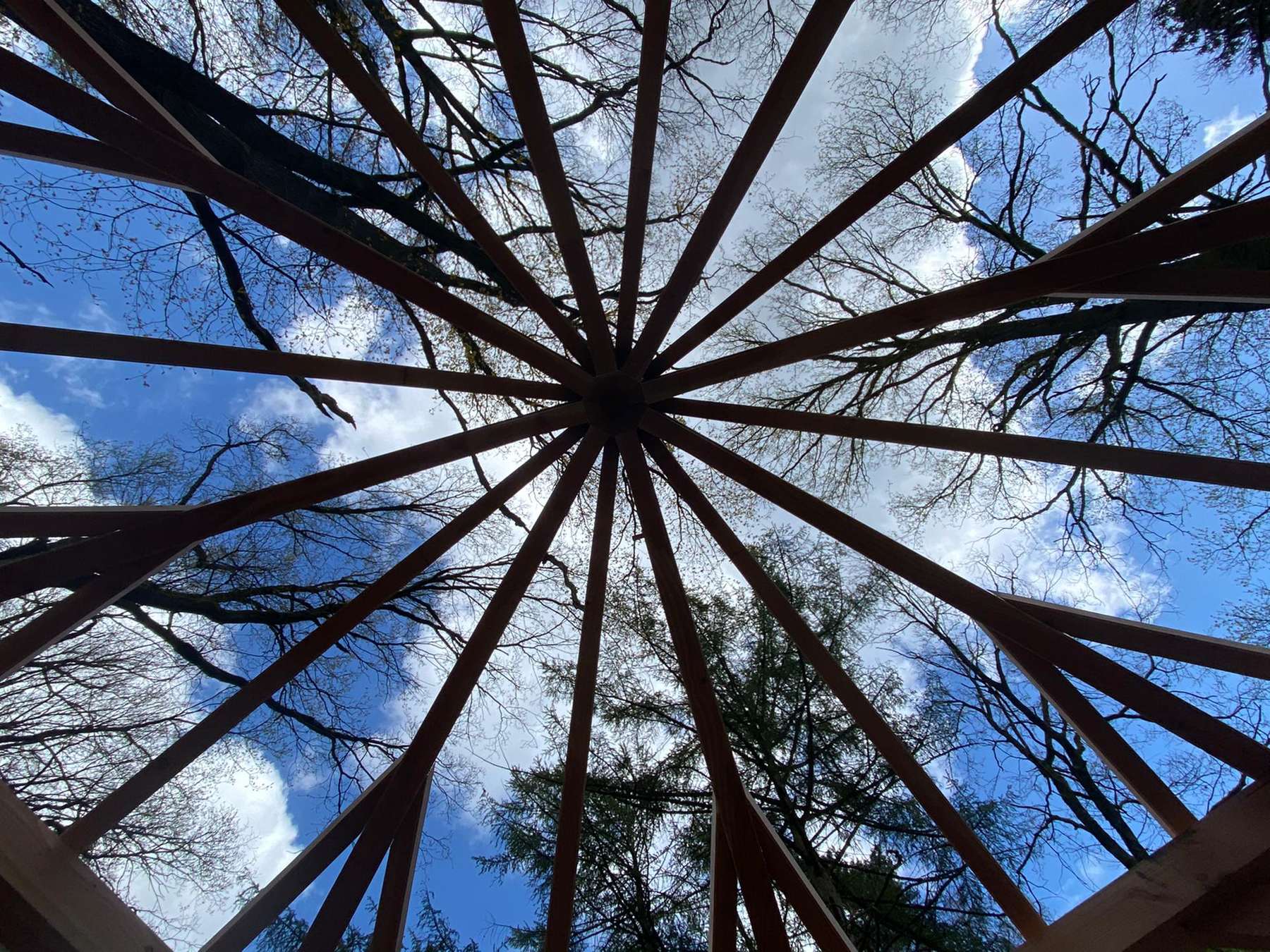 Charpente rayonnante d'un kiosque octogonal vue d'en dessous, sur le ciel