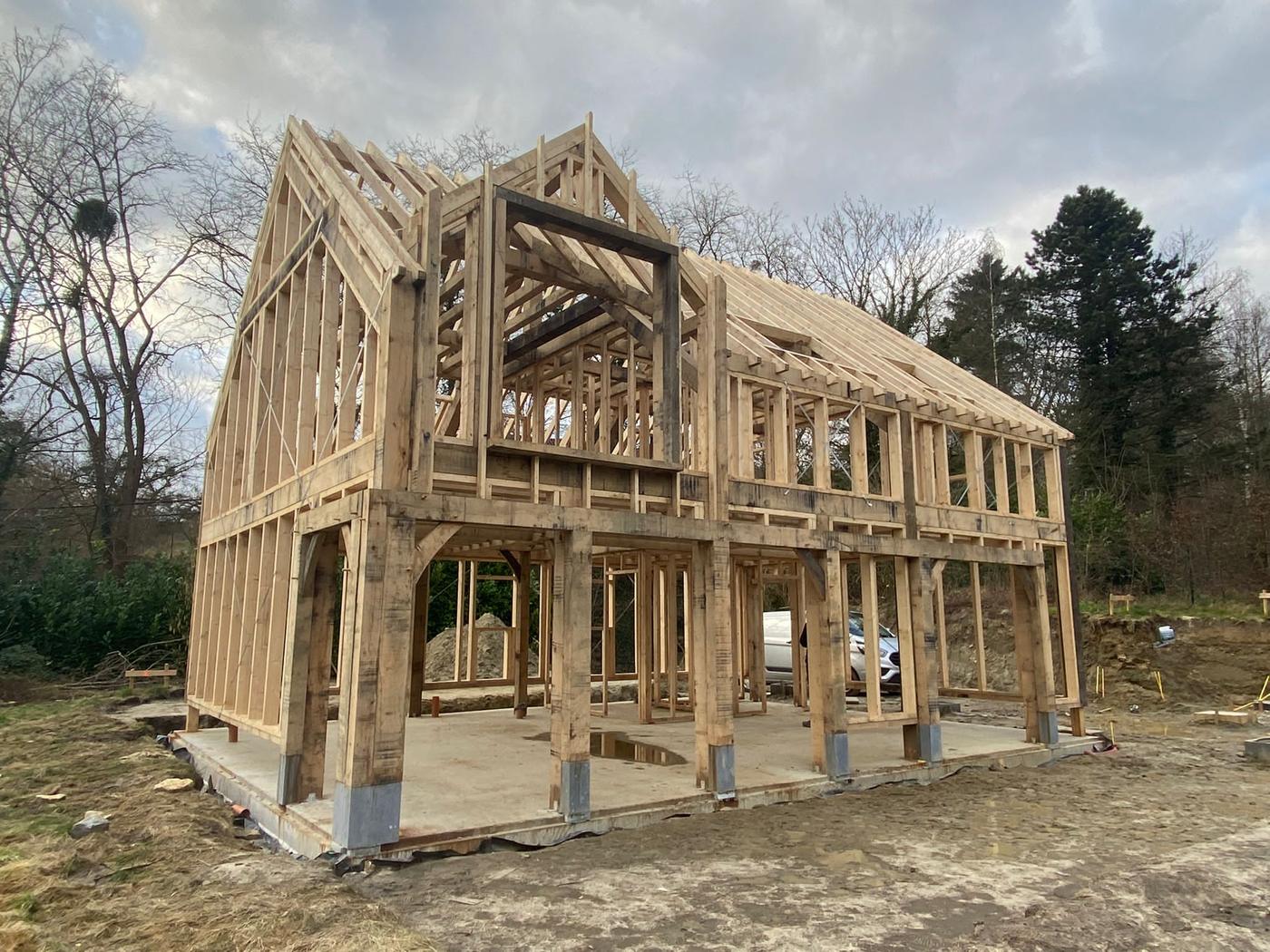 Sur le chantier — Maison à ossature chêne — Chaumont-Gistoux